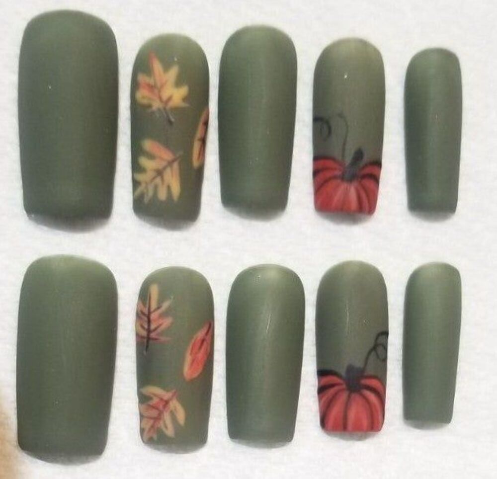 Hand painted handmade Matte Fall Autumn Pumpkin Nails press on